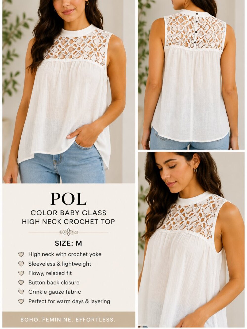 POL High Neck Crochet Top Color Baby Glass White Size M